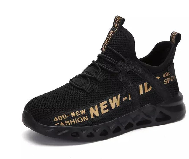 Black breathable mesh sneaker with gold text New-Id and 400-New Fashion and unique sole design