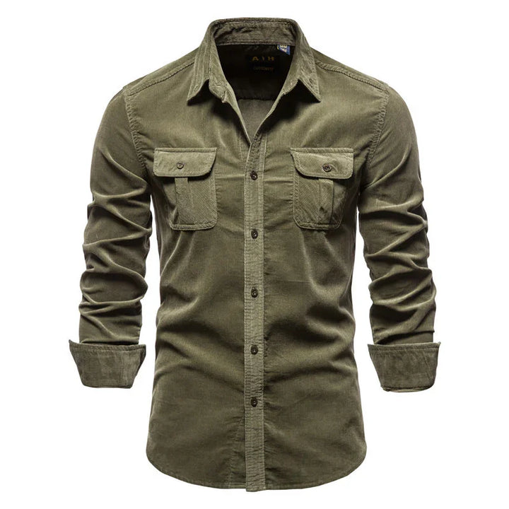 Men's olive green corduroy long sleeve button-up shirt with front chest pockets