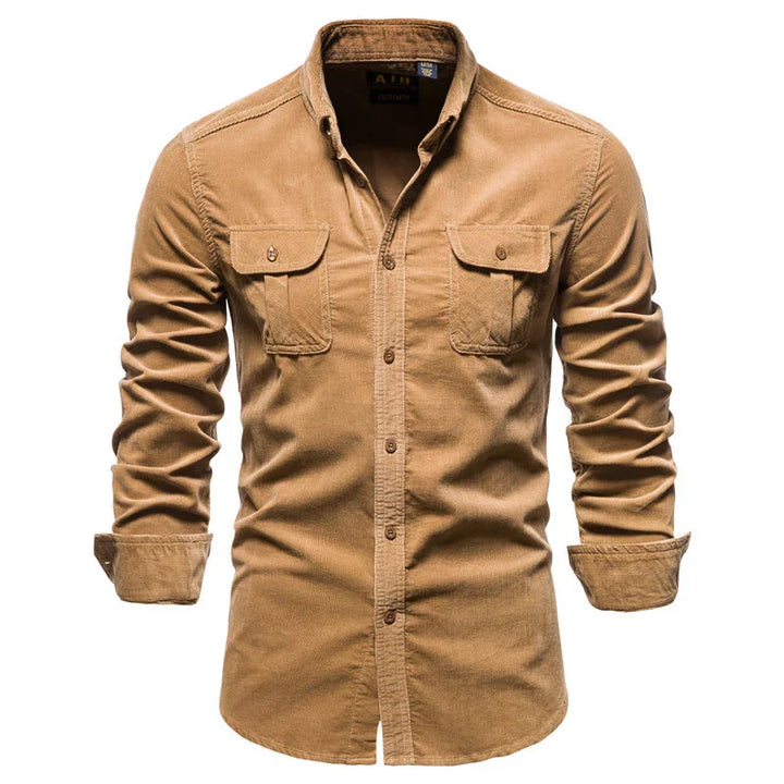 Men's casual brown button-up shirt with two front flap pockets and rolled-up sleeves