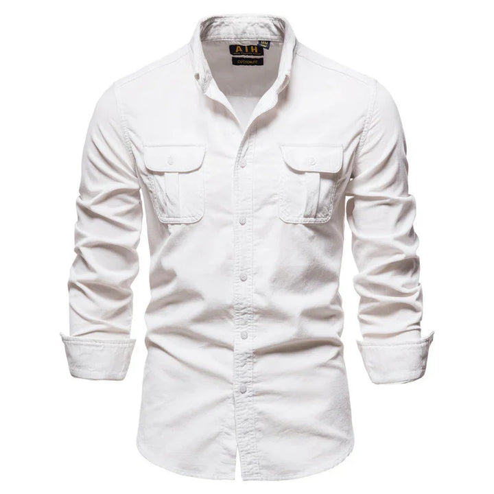 White men's long sleeve button-up shirt with two chest pockets and rolled cuffs