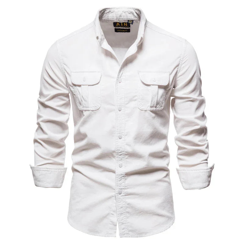 white long-sleeve men's casual button-up shirt with chest pockets and rolled cuffs
