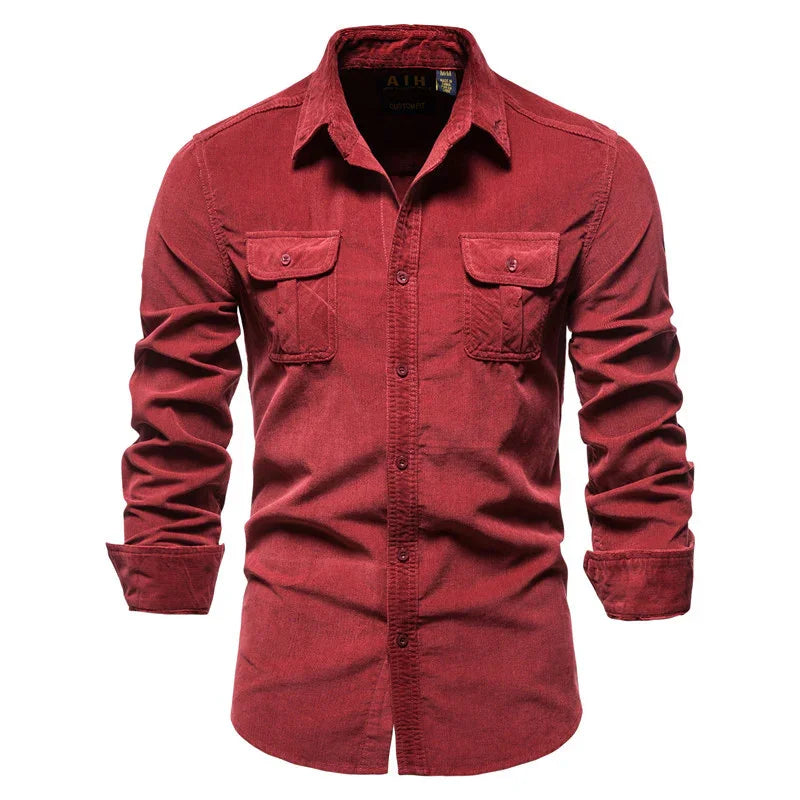 Red long-sleeve men's button-up shirt with two chest pockets and rolled cuffs