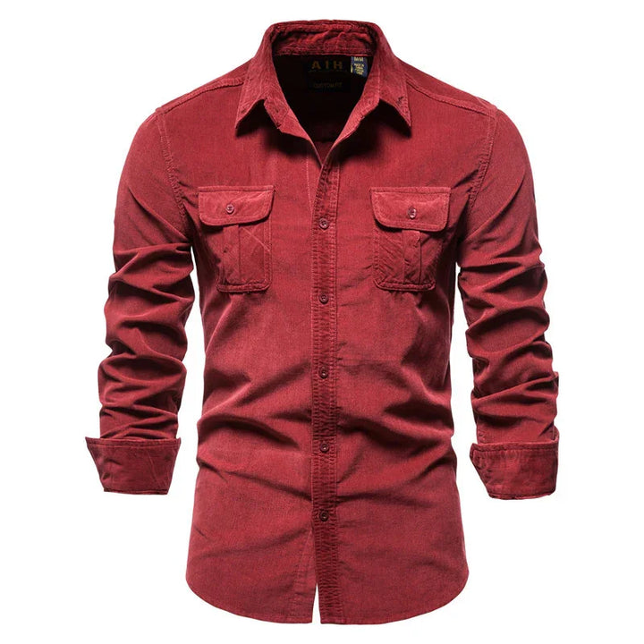 Red long-sleeve men's button-up shirt with two chest pockets and rolled cuffs