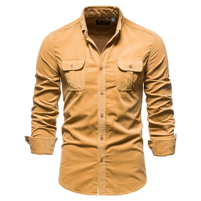 Men's casual long sleeve khaki shirt with buttoned flap chest pockets and rolled cuffs