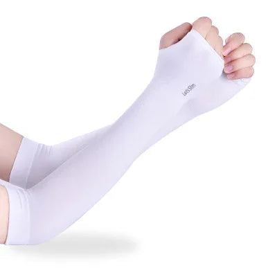 white cooling sun protection arm sleeves with thumb hole on a raised hand against white background