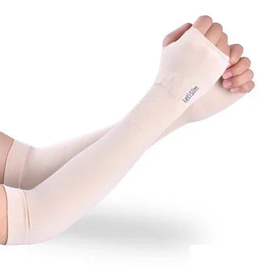 Pair of beige compression arm sleeves with thumb hole worn on both arms on white background