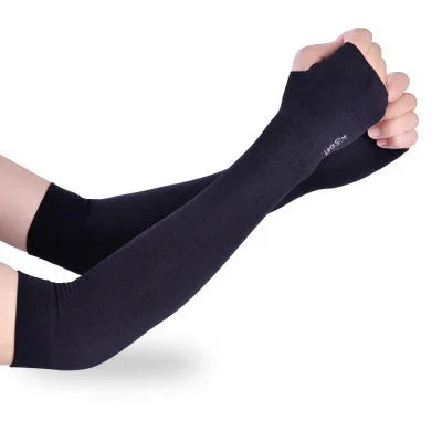 Black UV protection arm sleeves with thumb hole worn on both arms against white background