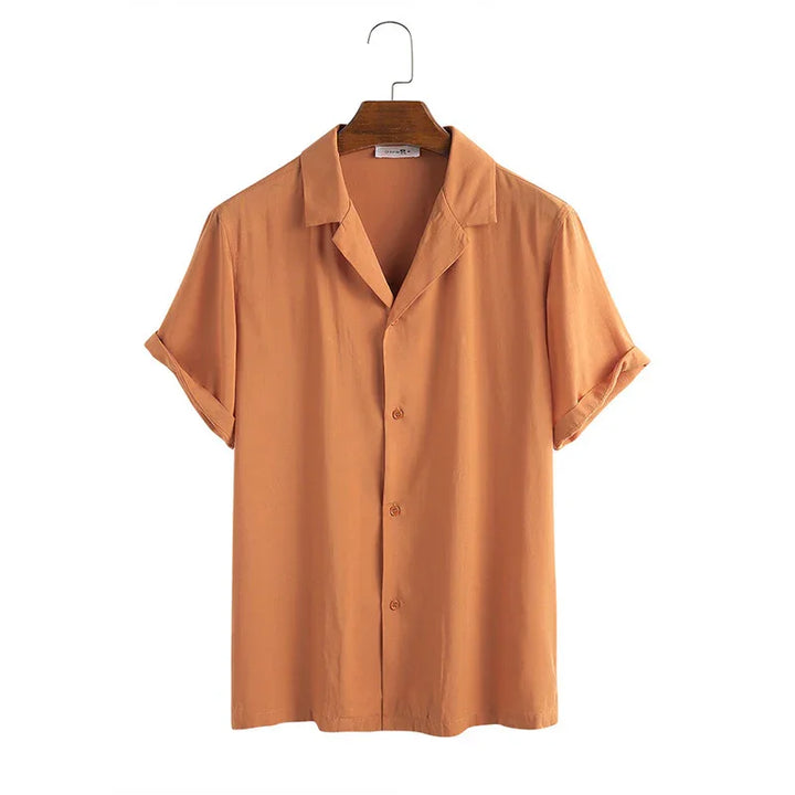 Men's short sleeve rust orange button-up casual shirt on wooden hanger