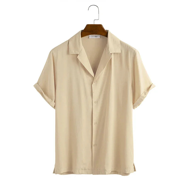 Beige short-sleeve casual button-up shirt with collar on wooden hanger