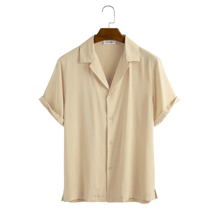 Beige short-sleeve casual button-up shirt with collar on wooden hanger