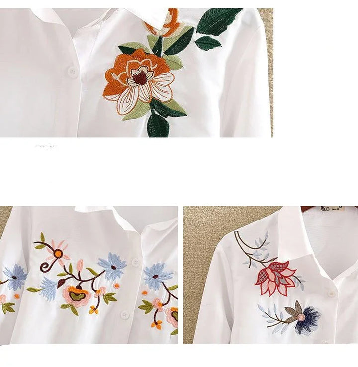 White button-up shirts with colorful floral embroidery featuring orange, blue, red, and green flowers