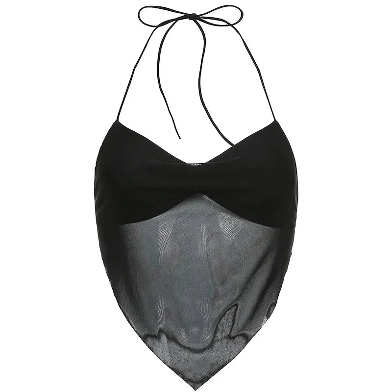 Black halter neck crop top with mesh fabric and pointed hem detail