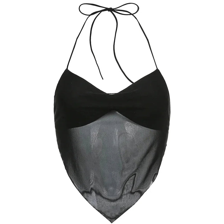 Black halter neck crop top with mesh fabric and pointed hem detail