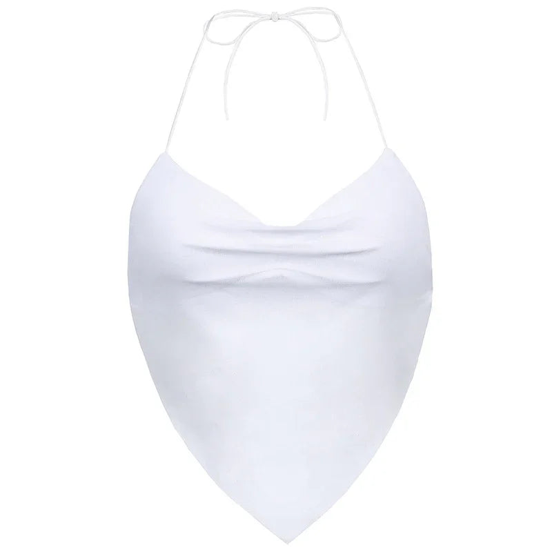 White halter neck bandana top with ruched detail and pointed hem on white background