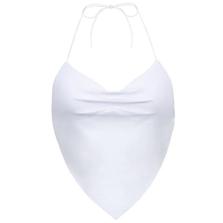 White halter neck bandana top with ruched detail and pointed hem on white background