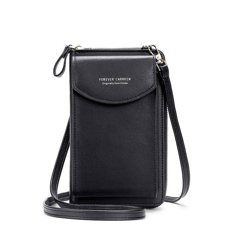 Black leather crossbody phone bag with front flap and strap, Forever Carrken design from Korea