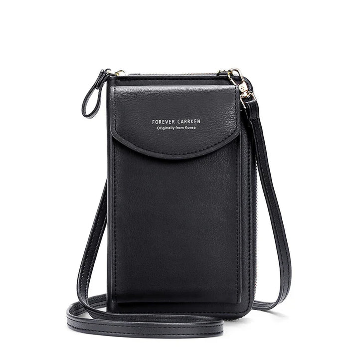 Black leather crossbody phone bag with front flap and strap, Forever Carrken design from Korea