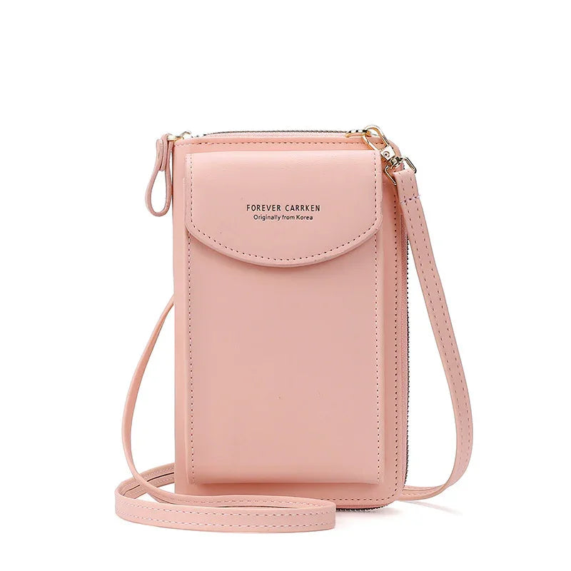 Pink Forever Carrken leather crossbody phone bag with front flap pocket and strap