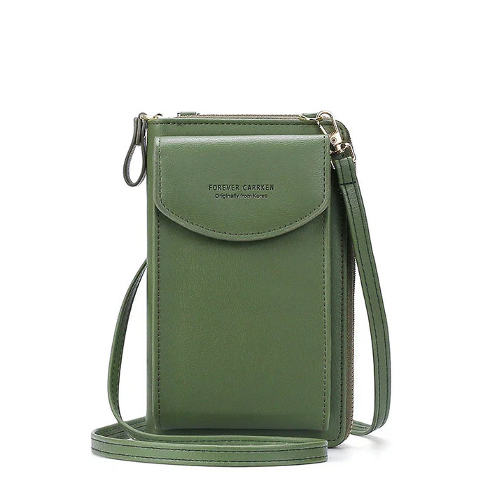 Green leather crossbody bag with front pocket and detachable strap, FOREVER CARRKEN brand