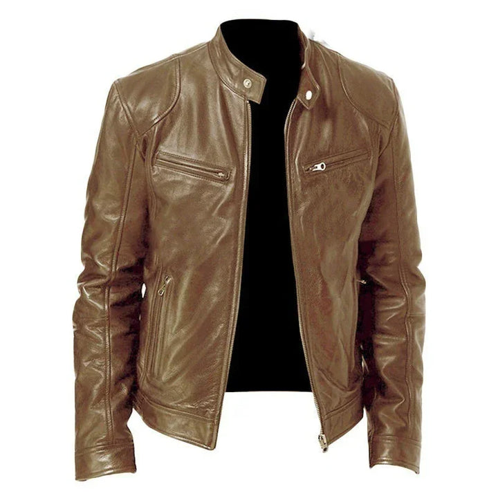 Brown leather biker jacket with zippered pockets and stand collar on white background