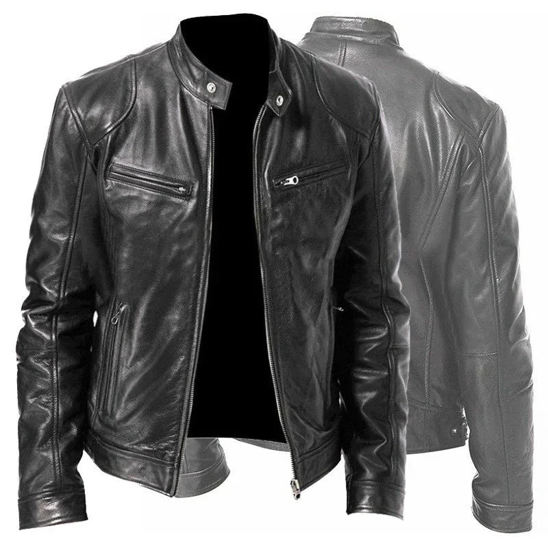 Black leather biker jacket with front zipper and zippered chest and side pockets, shown front and back