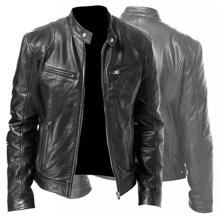 Black leather biker jacket with front zipper and zippered chest and side pockets, shown front and back