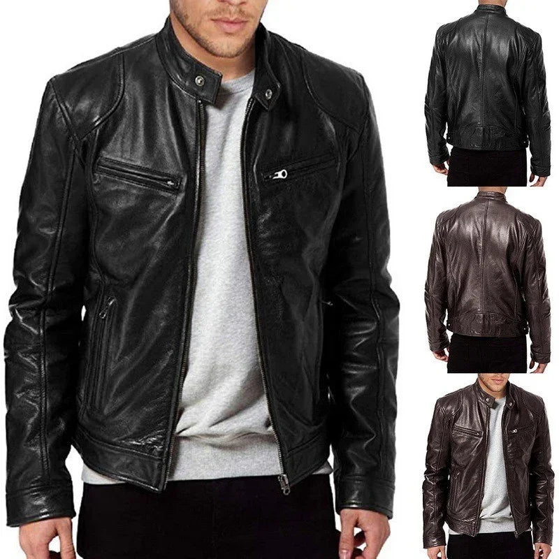 Men's black and brown leather biker jackets with stand collar and zipper pockets, front and back views