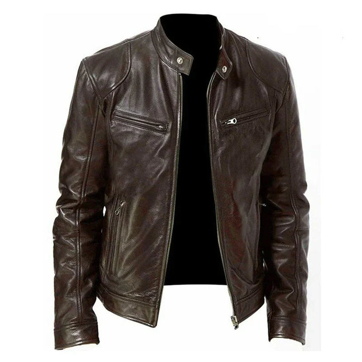 Brown leather biker jacket with zippered chest and side pockets on white background