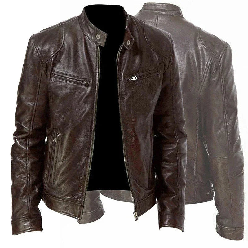 Men's brown leather jacket front and back view with zippered pockets and stand collar