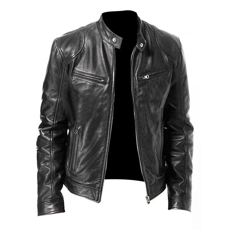 Black leather biker jacket with zippered chest and side pockets, standing collar on white background
