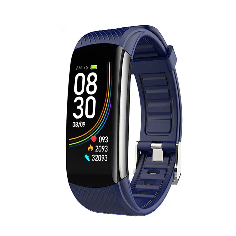 Blue fitness tracker watch with digital screen displaying time, date, heart rate, calories burned, and steps