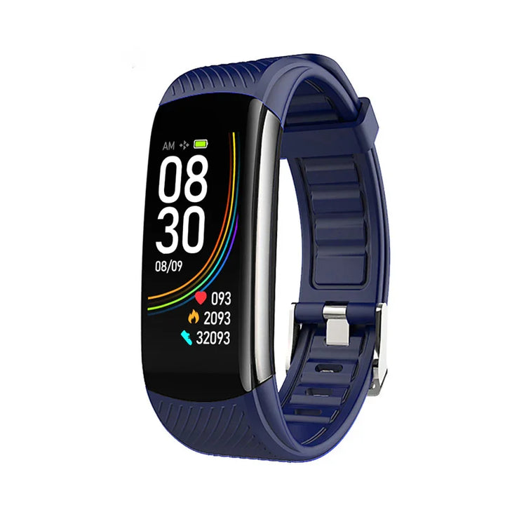 Blue fitness tracker watch with digital screen displaying time, date, heart rate, calories burned, and steps