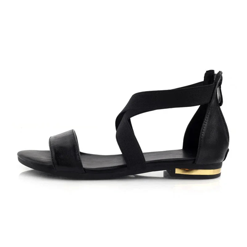 Black flat sandal with elastic cross straps and gold accent on the heel, isolated on white background