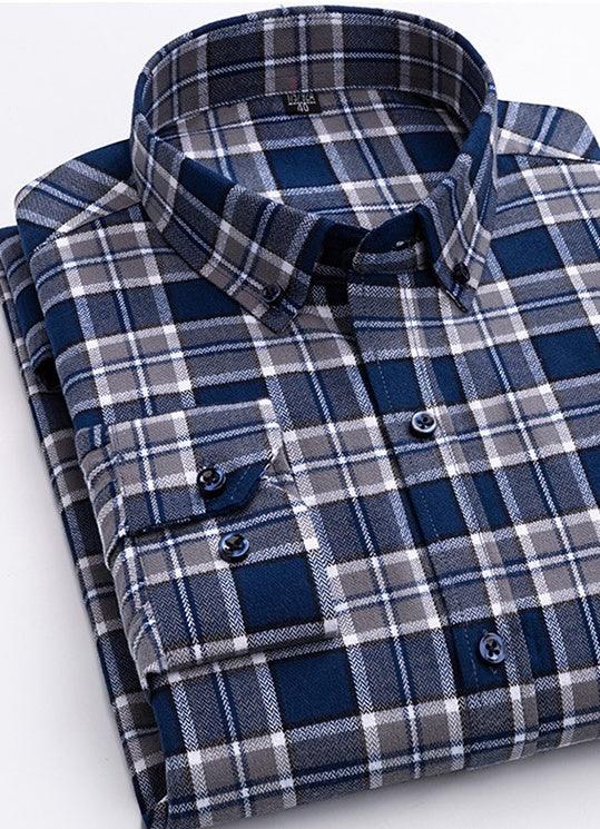 folded blue and gray plaid button-up men's shirt with buttoned collar and chest pocket