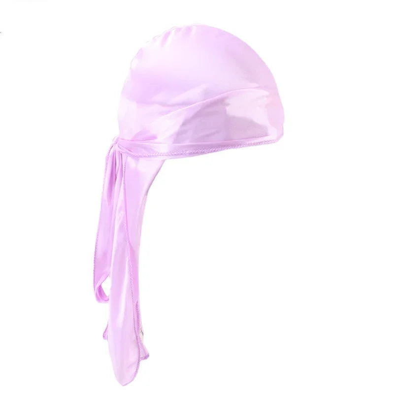 Shiny light purple durag made of silky fabric with long tail, isolated on white background