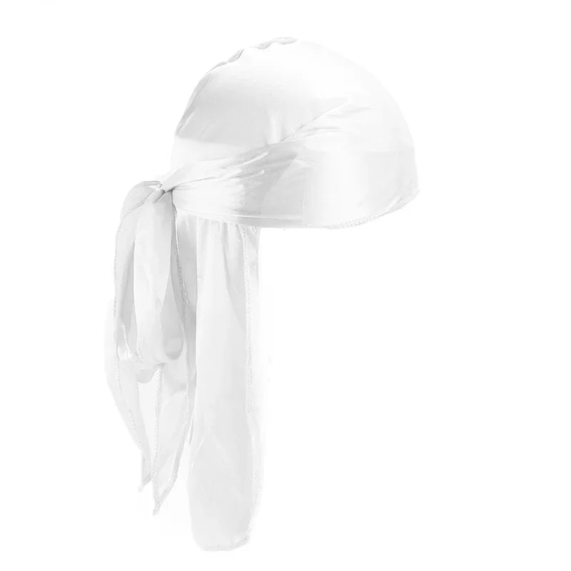White satin durag with tied knot and long trailing tails, smooth shiny fabric