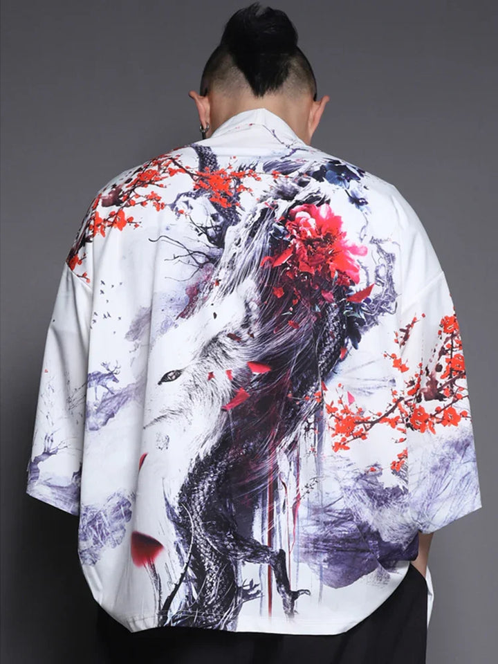 Back view of a person wearing a white kimono-style jacket with a detailed dragon and red flower print