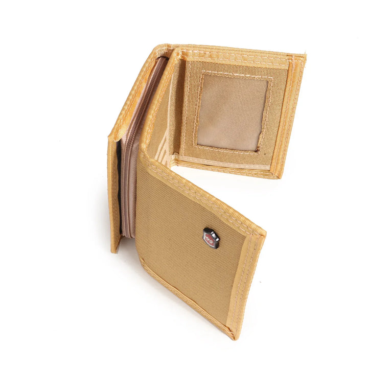 Open tan canvas wallet with mesh ID window and small logo badge, isolated on white background