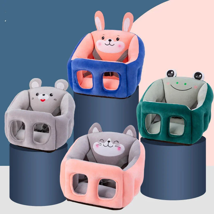 Four plush animal-themed baby booster seats with safety straps in pastel colors on blue pedestals