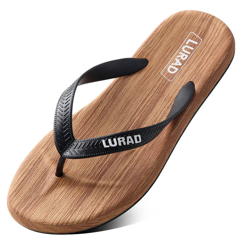 LURAD men's flip flop sandal with wood grain footbed and black textured straps