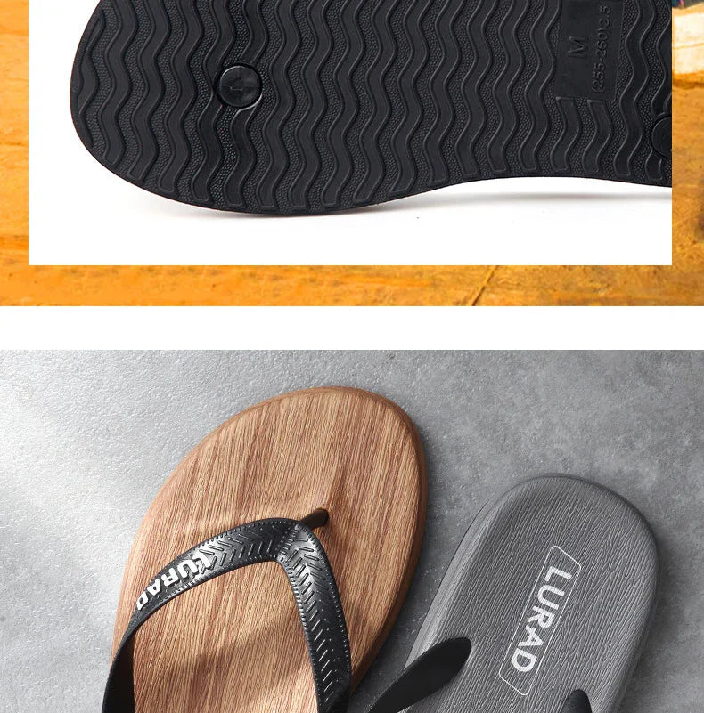 Pair of flip-flops with wood texture footbed and black straps labeled LURAD on gray surface