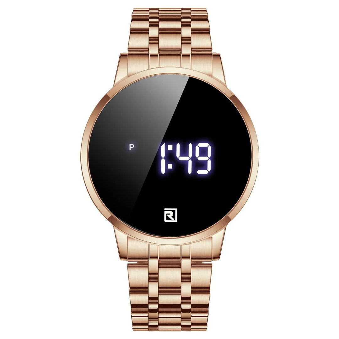 Rose gold digital wristwatch with black round face displaying time 1:49