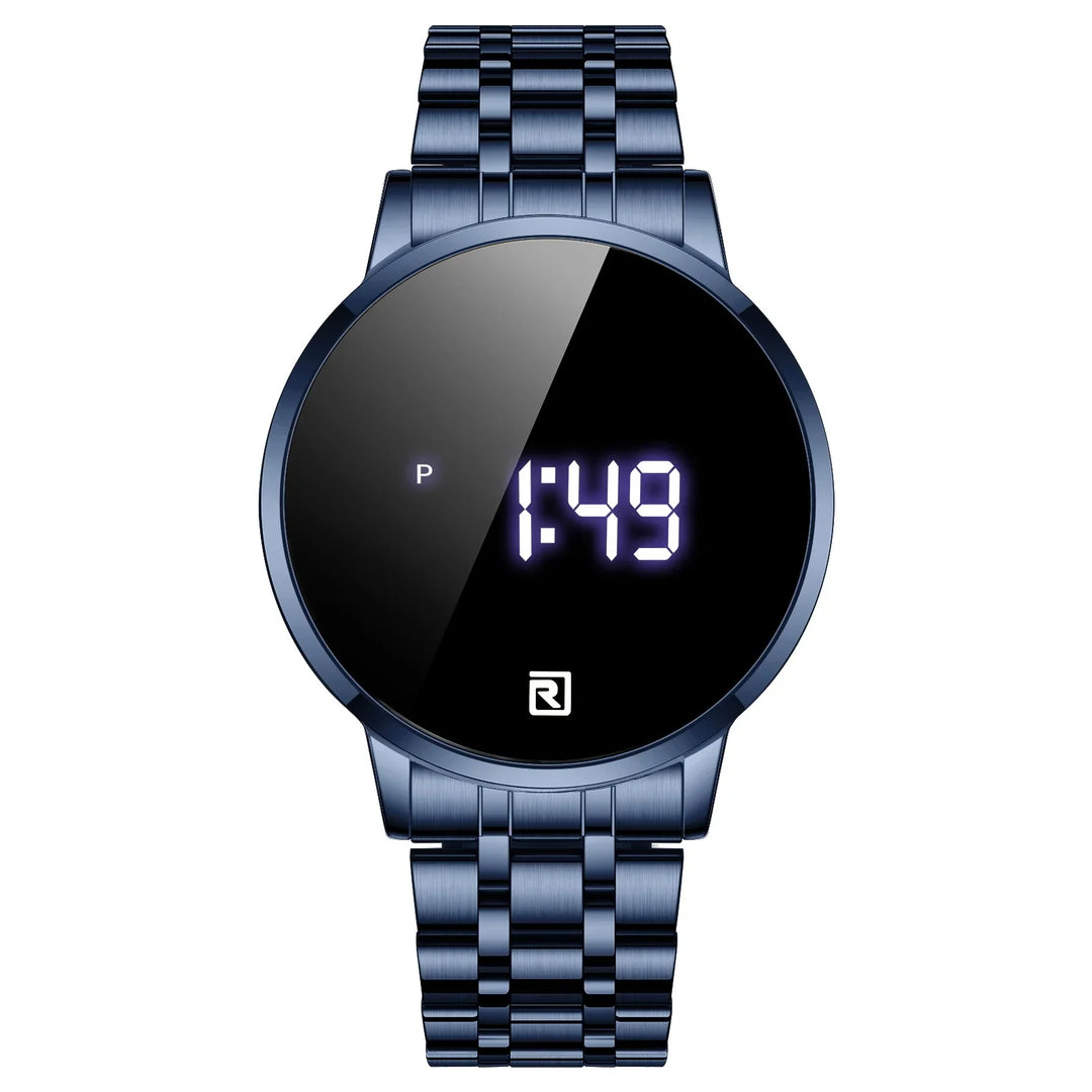 Sleek blue digital wristwatch with LED display showing time 1:49 and metal link band