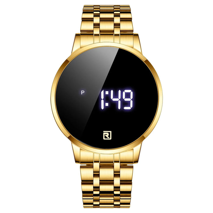 Gold digital wristwatch with black reflective face displaying time 1:49 and a metal link band