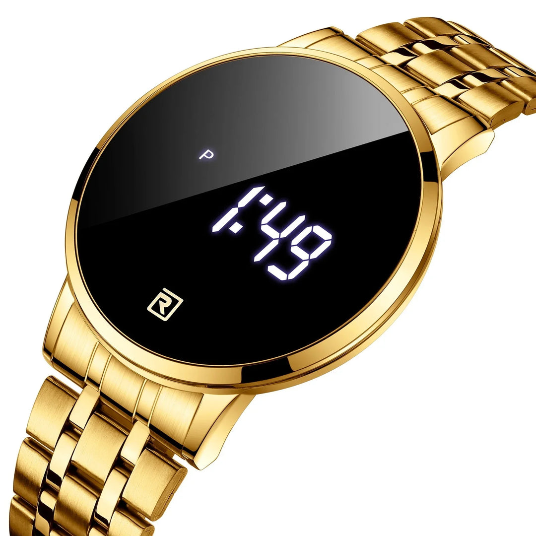 Luxury gold digital wristwatch with black LED display showing time 1:49 PM