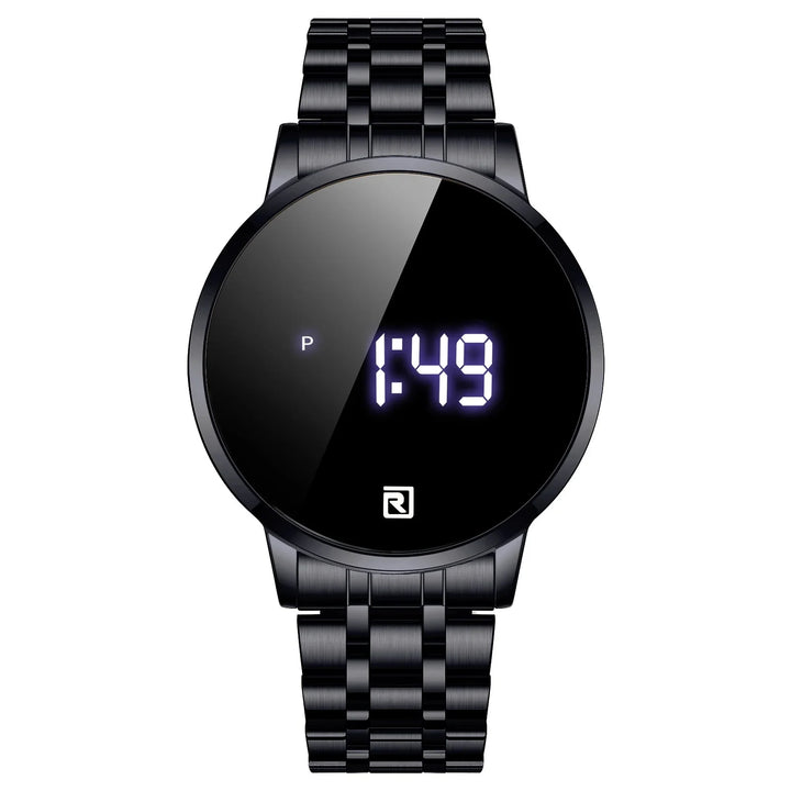 Black digital wristwatch with LED display and metal link bracelet showing time 1:49