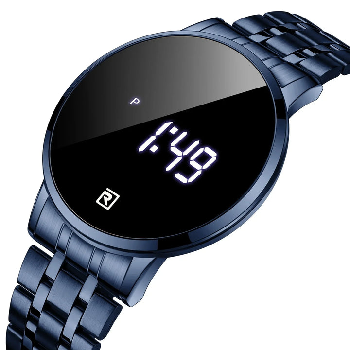 Blue metal digital wristwatch with LED display showing time 1:49 and sleek black round face