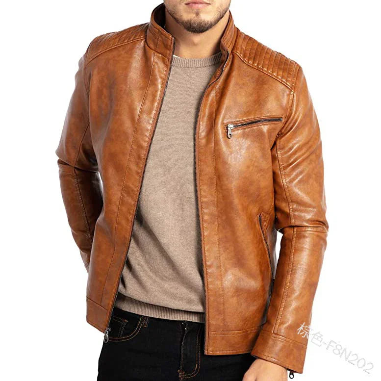 Men's brown leather biker jacket with zippered chest pocket, worn over beige sweater