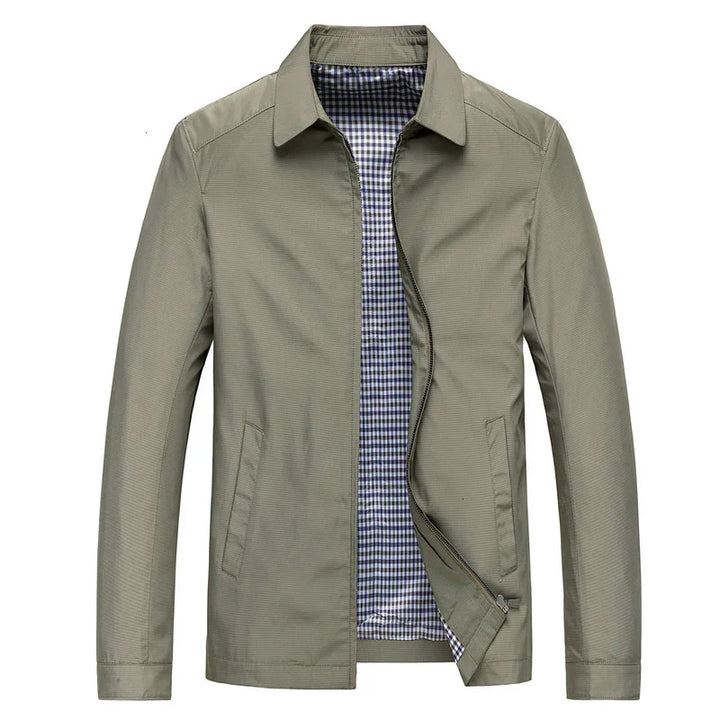 Men's casual khaki jacket with front zipper and blue checkered inner lining