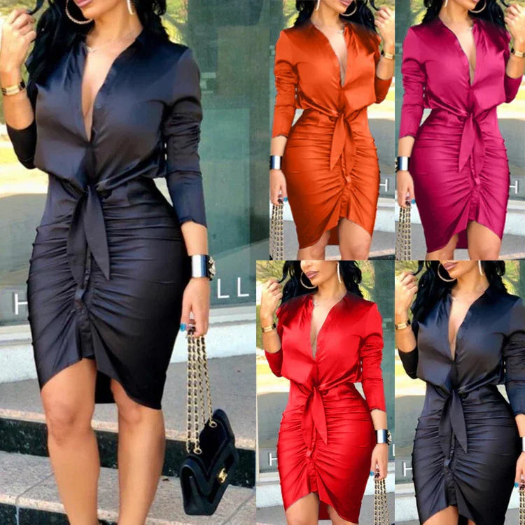 Woman modeling ruched satin bodycon dress with tie waist in black, orange, pink, and red colors